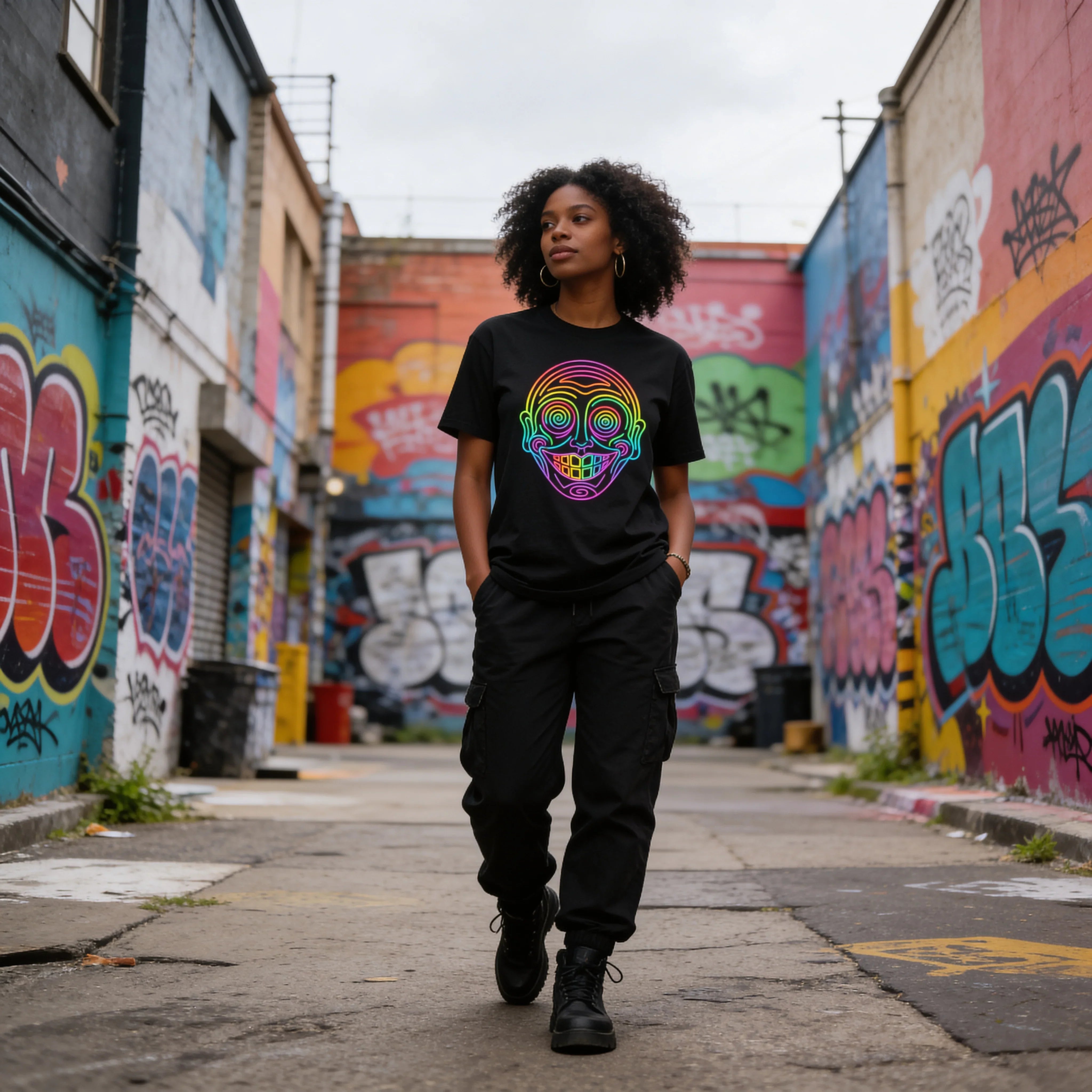 Confident woman in vibrant neon psychedelic skull t-shirt, black pants, urban graffiti street