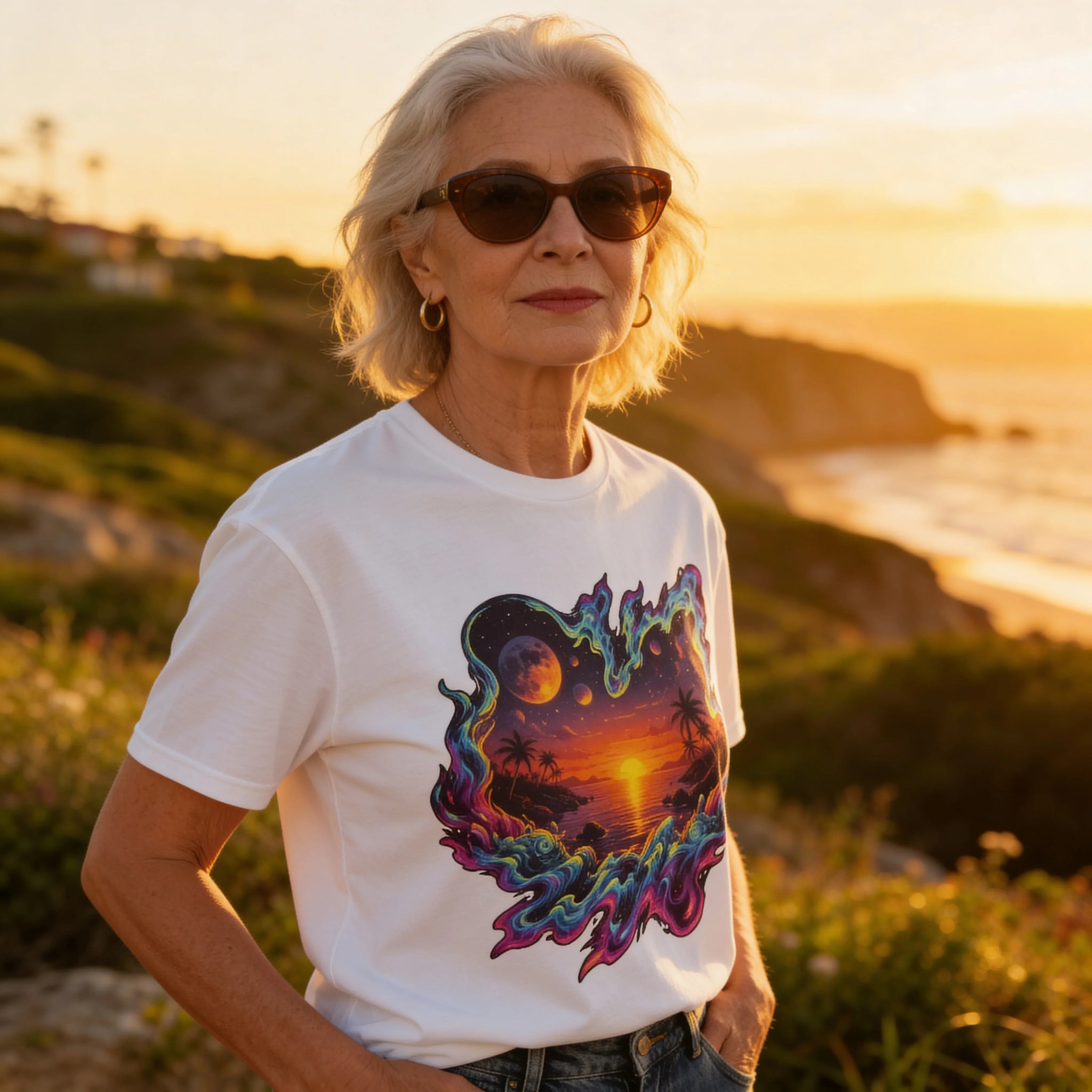 Stylish older woman in sunglasses wearing a psychedelic sunset t-shirt outdoors at sunset