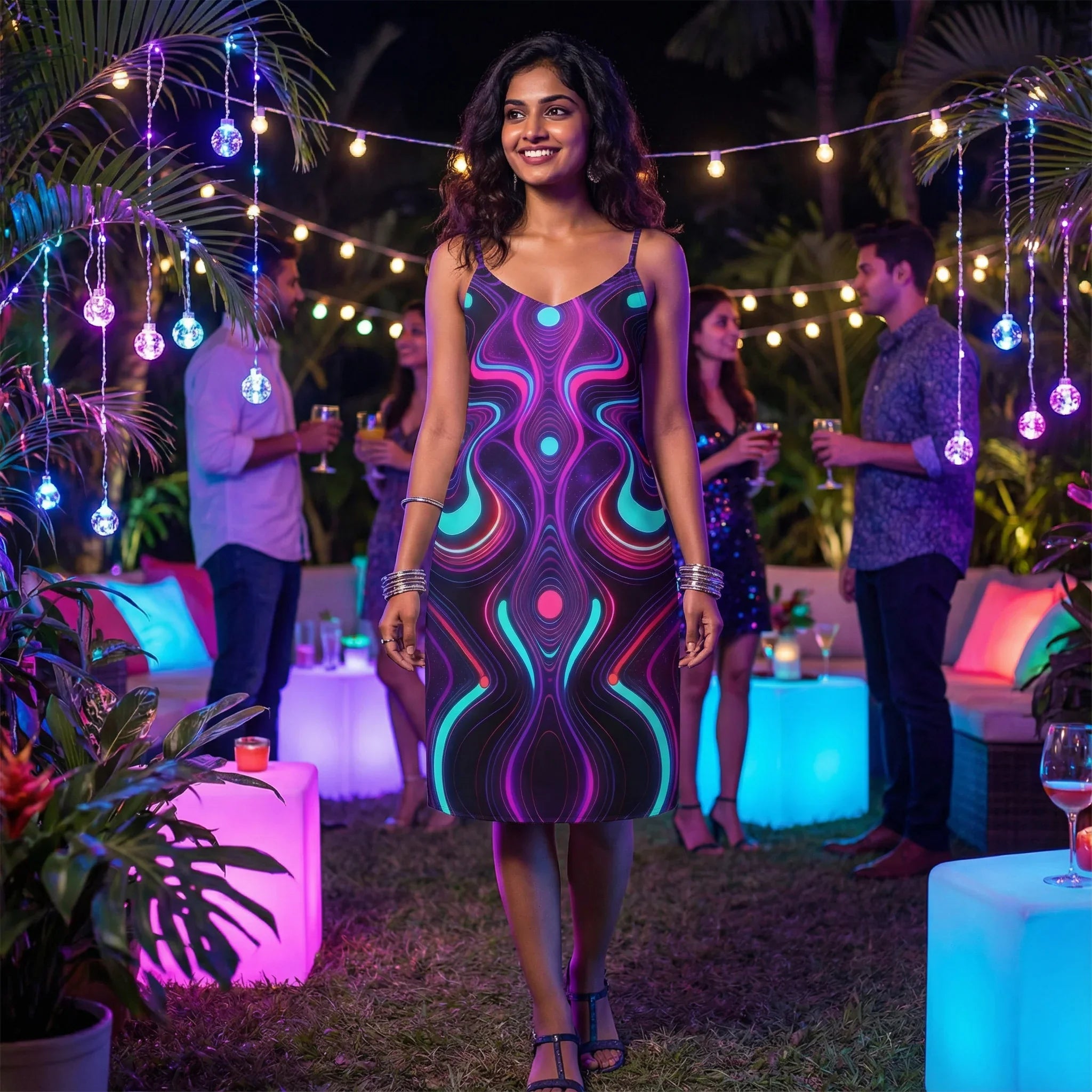 Woman in psychedelic neon dress at outdoor party, vibrant Mad Lad Designs streetwear