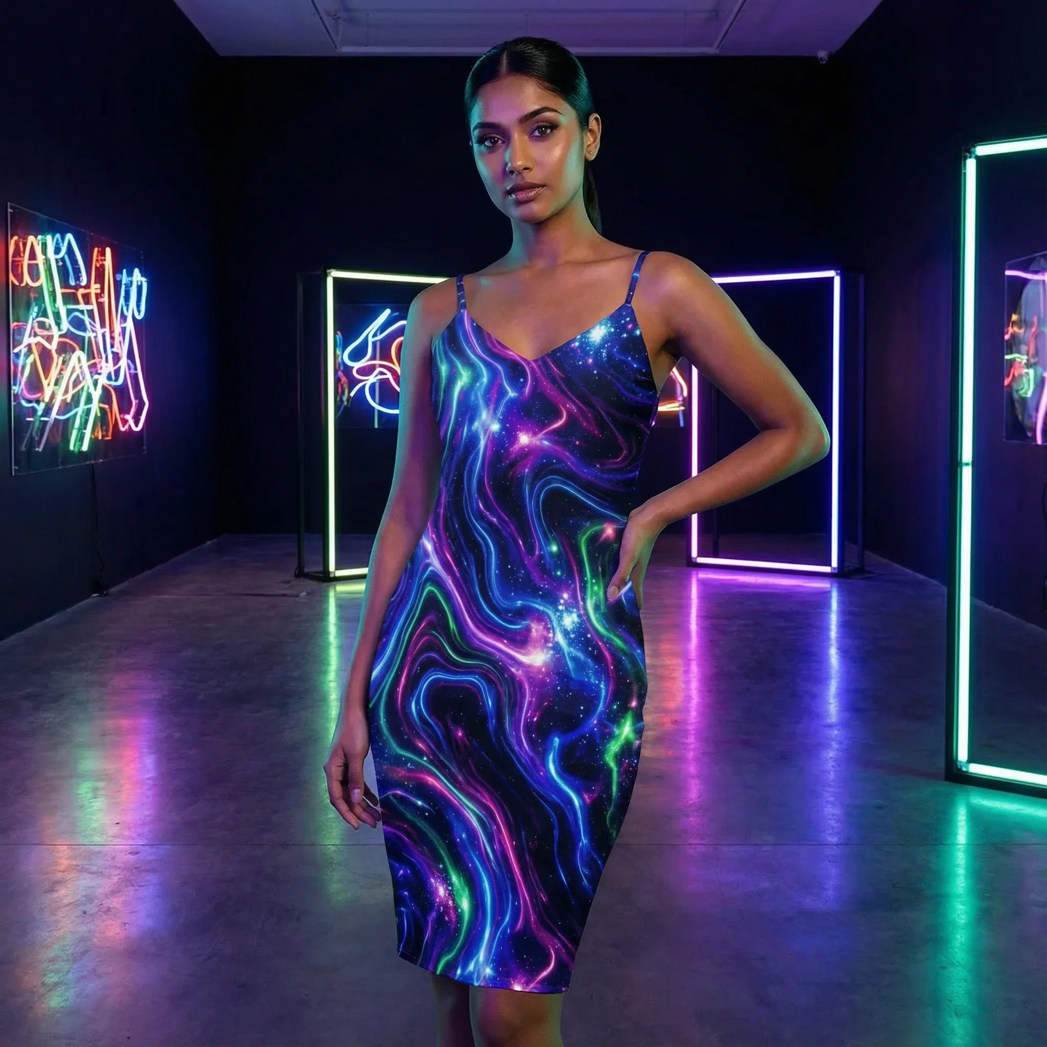 Woman in a vibrant galaxy-pattern dress posing in a neon-lit modern art gallery