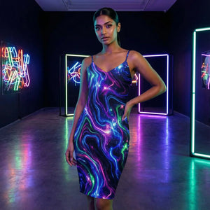 Woman in a vibrant galaxy-pattern dress posing in a neon-lit modern art gallery