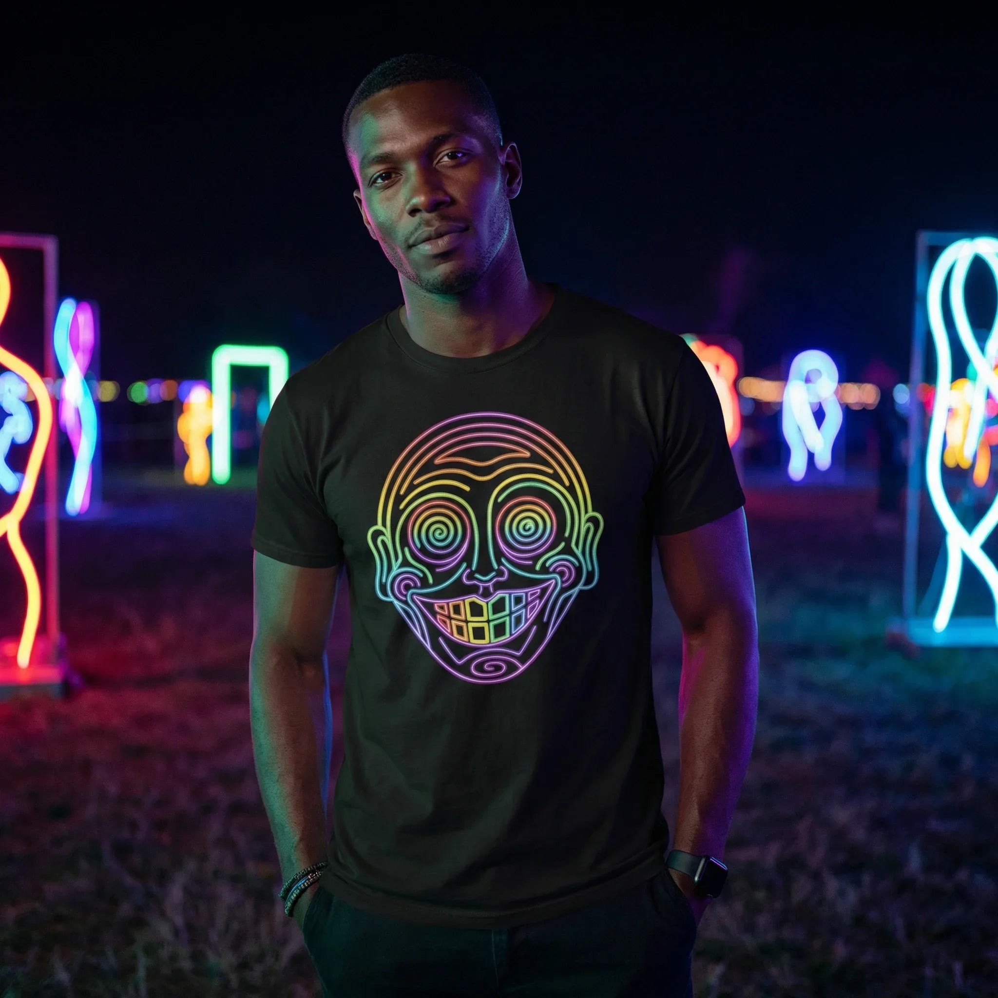 Man wearing Mad Lad Designs psychedelic neon face t-shirt at night with colorful light art