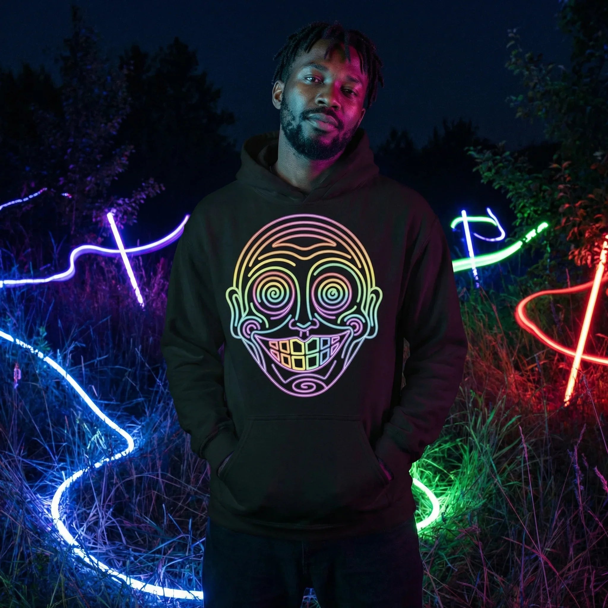 Man wearing psychedelic neon art hoodie by Mad Lad Designs, standing in colorful glowing lights outdoors