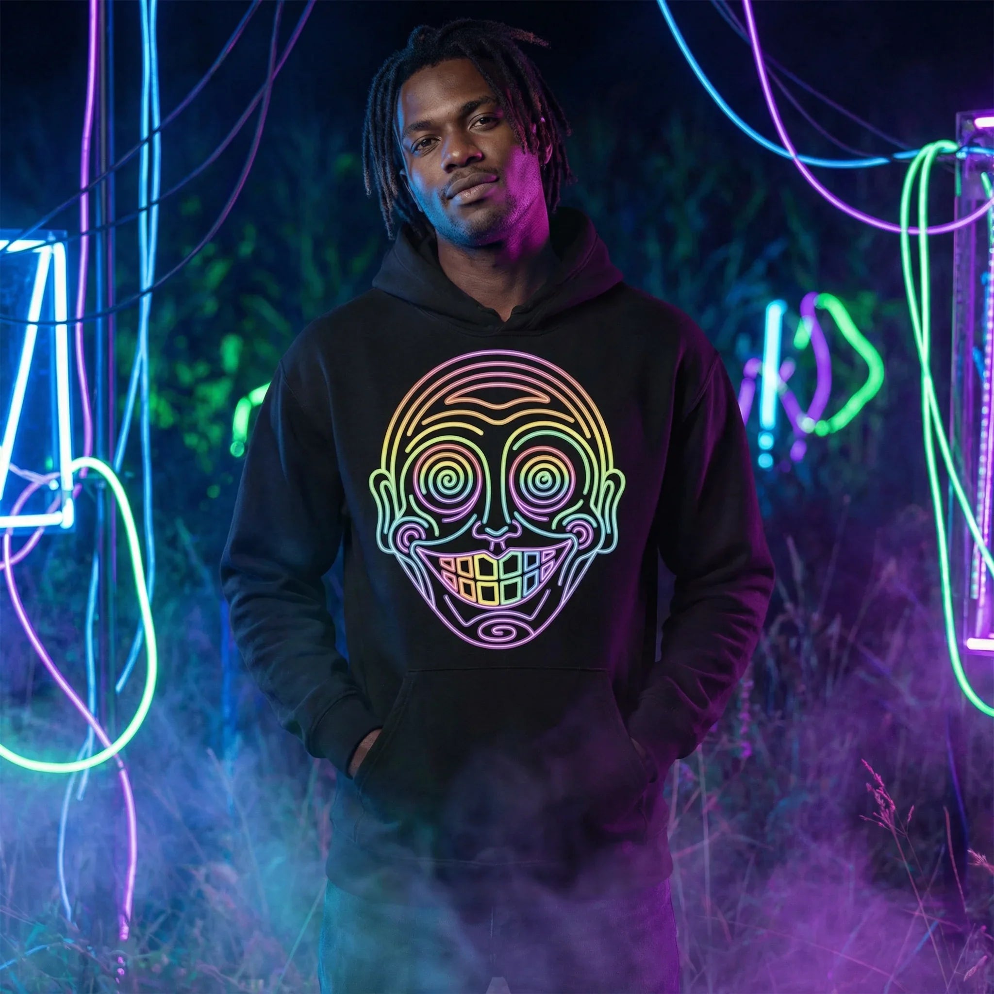Man wearing vibrant psychedelic neon face hoodie by Mad Lad Designs, surrounded by glowing art