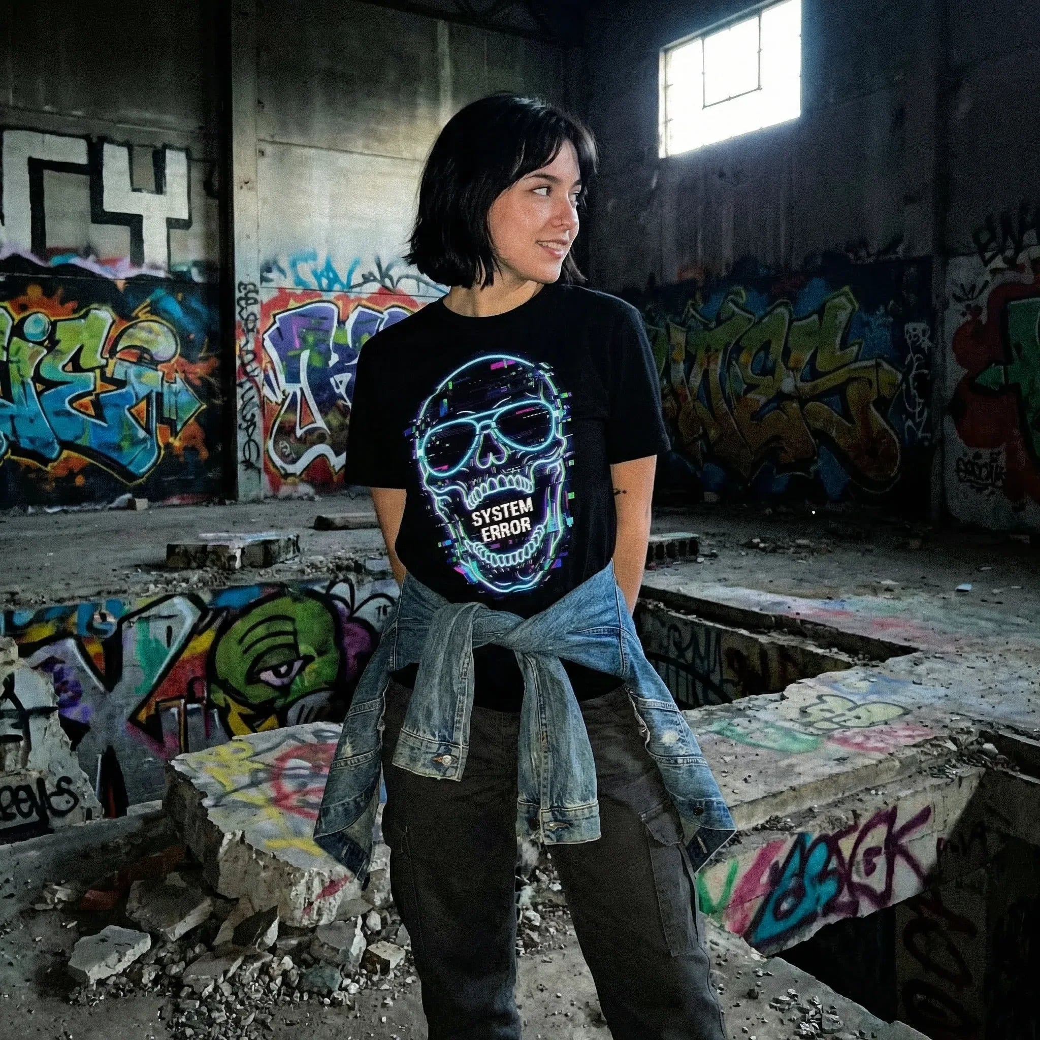 Woman wearing Mad Lad Designs psychedelic system error skull t-shirt in a graffiti-covered building