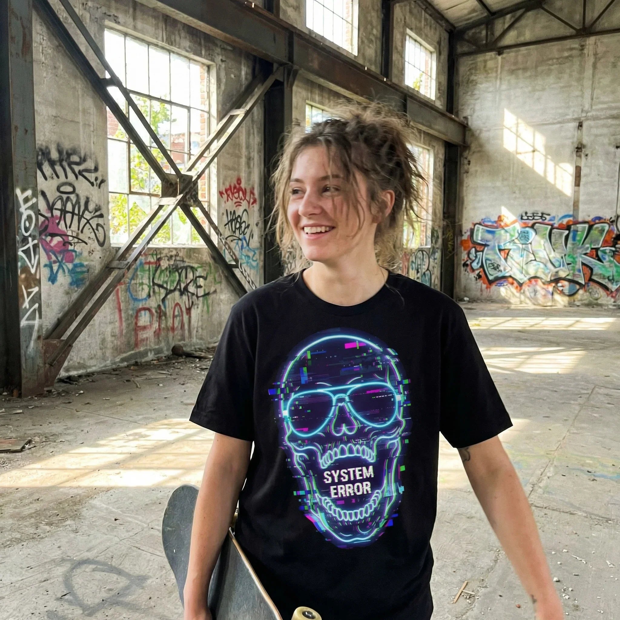 Smiling skater wearing neon skull 'System Error' shirt by Mad Lad Designs in graffiti-filled warehouse