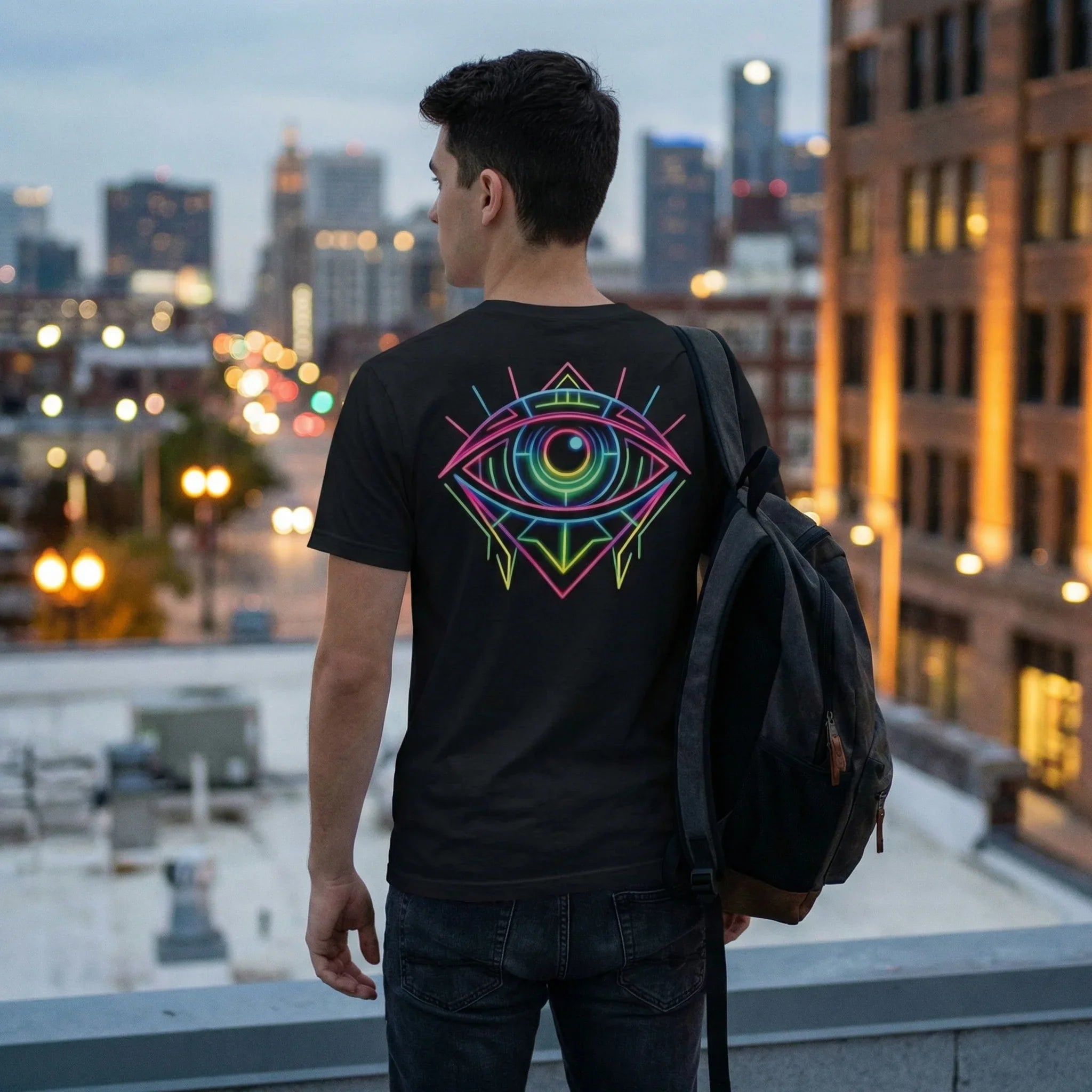 Man wearing Mad Lad Designs neon psychedelic eye t-shirt on city rooftop at dusk
