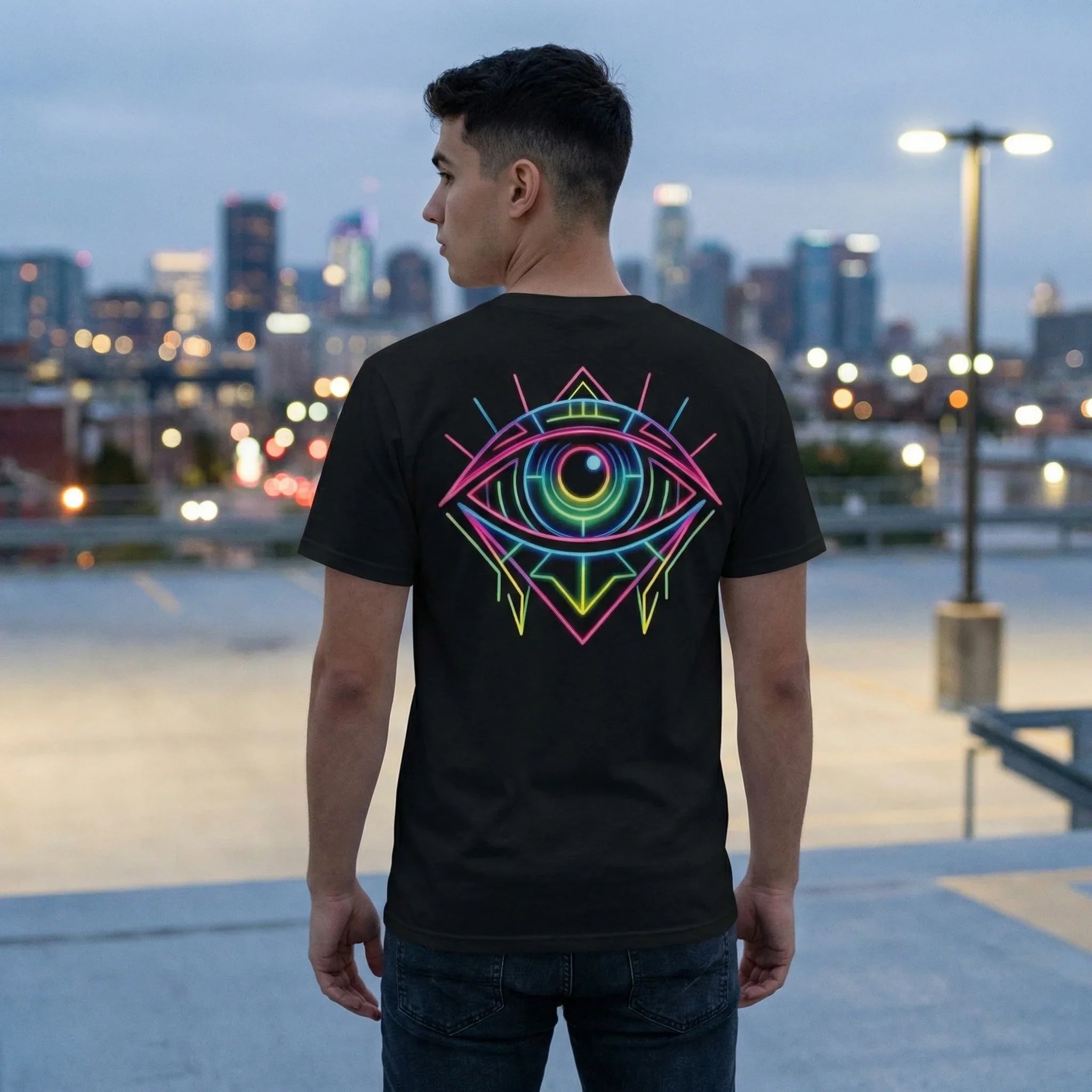 Man wearing black t-shirt with neon psychedelic eye design in urban city setting, Mad Lad Designs