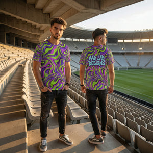 Models wearing Mad Lad Designs psychedelic neon graphic t-shirts in a stadium