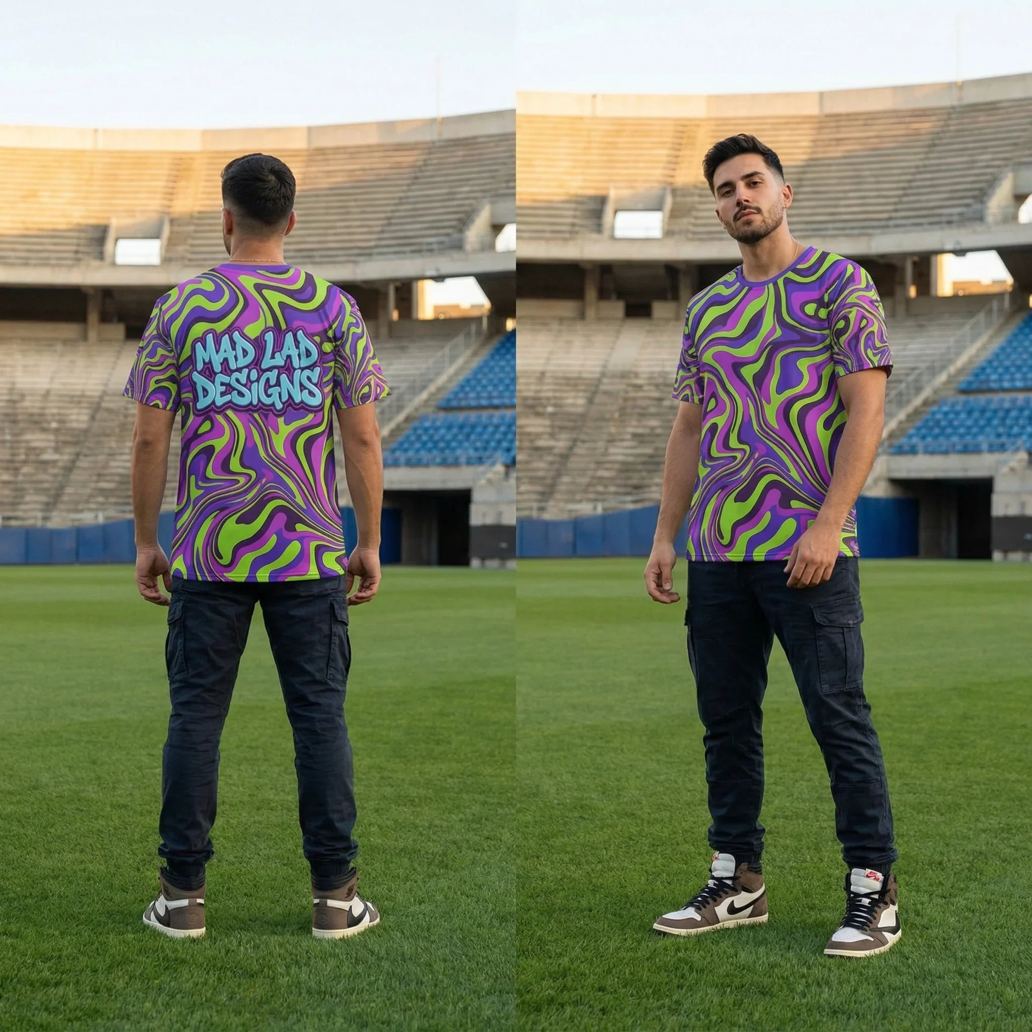Man modeling vibrant psychedelic Mad Lad Designs shirt with neon swirl pattern in stadium
