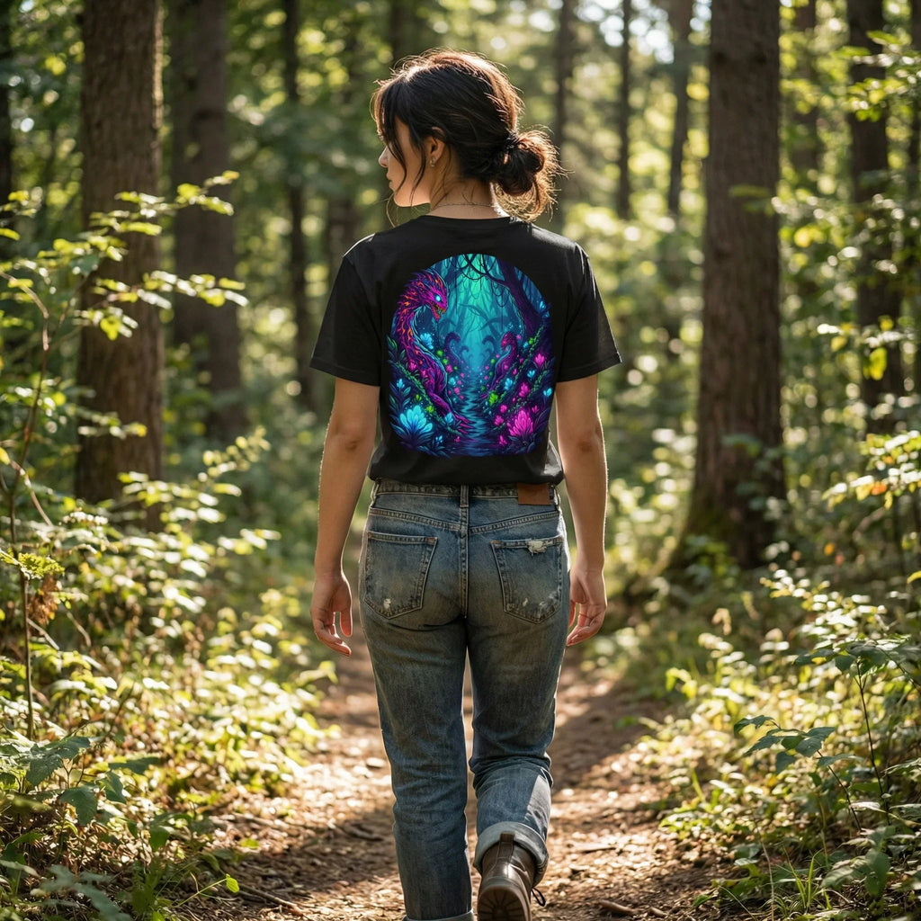 Woman wearing Mad Lad Designs psychedelic neon art t-shirt walking in sunlit forest
