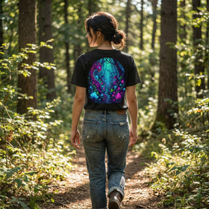 Woman wearing Mad Lad Designs psychedelic neon art t-shirt walking in sunlit forest