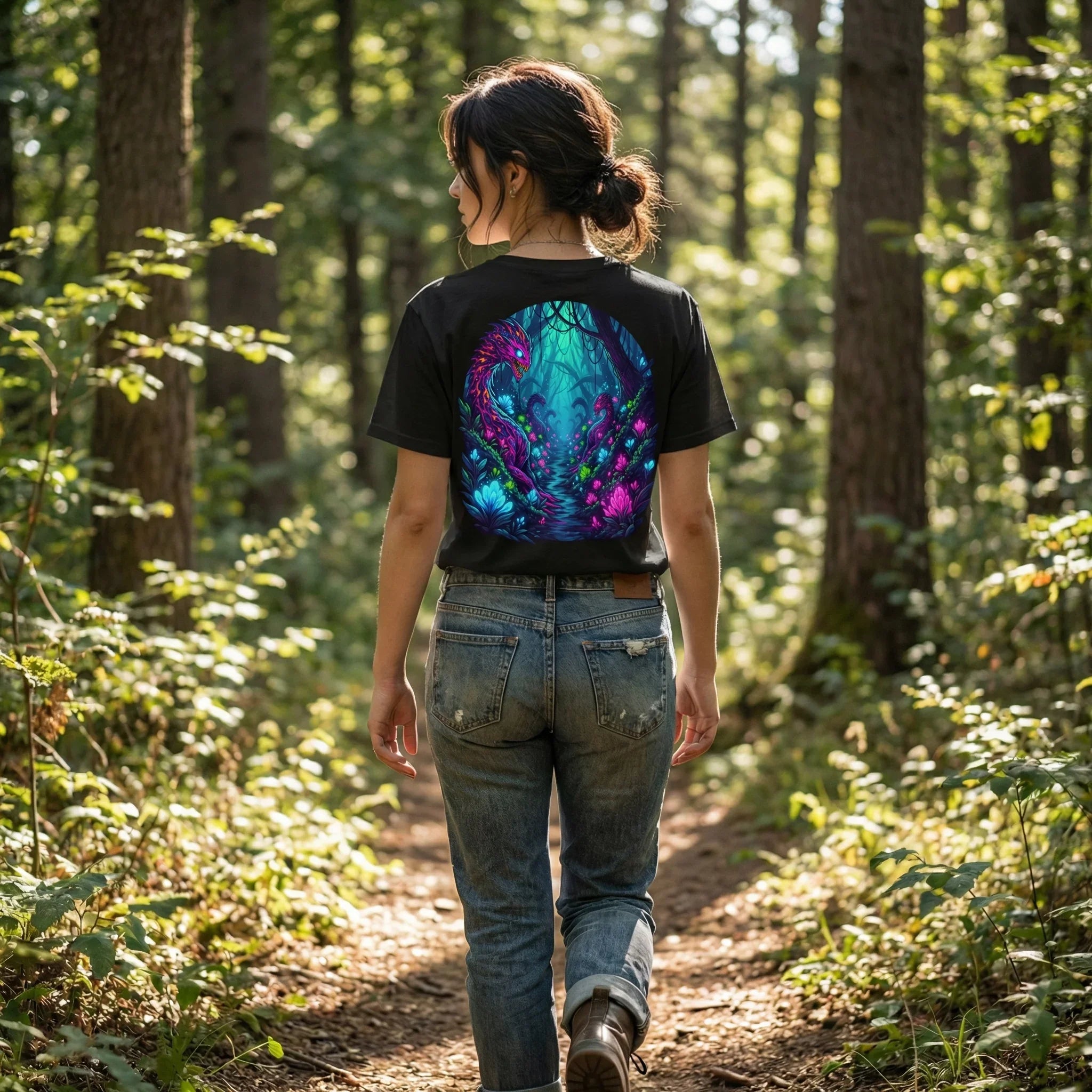 Woman wearing Mad Lad Designs psychedelic neon art t-shirt walking in sunlit forest