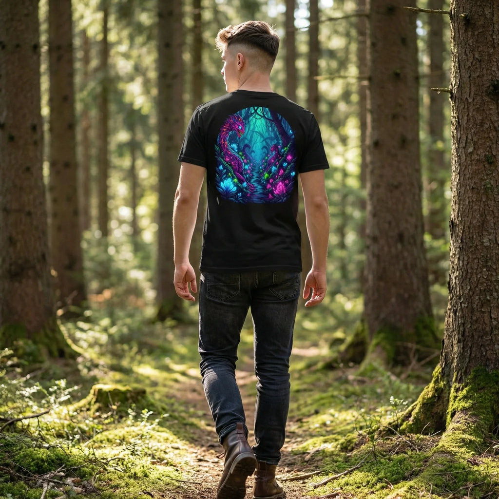 Man in forest wearing black Mad Lad Designs t-shirt with colorful psychedelic neon art
