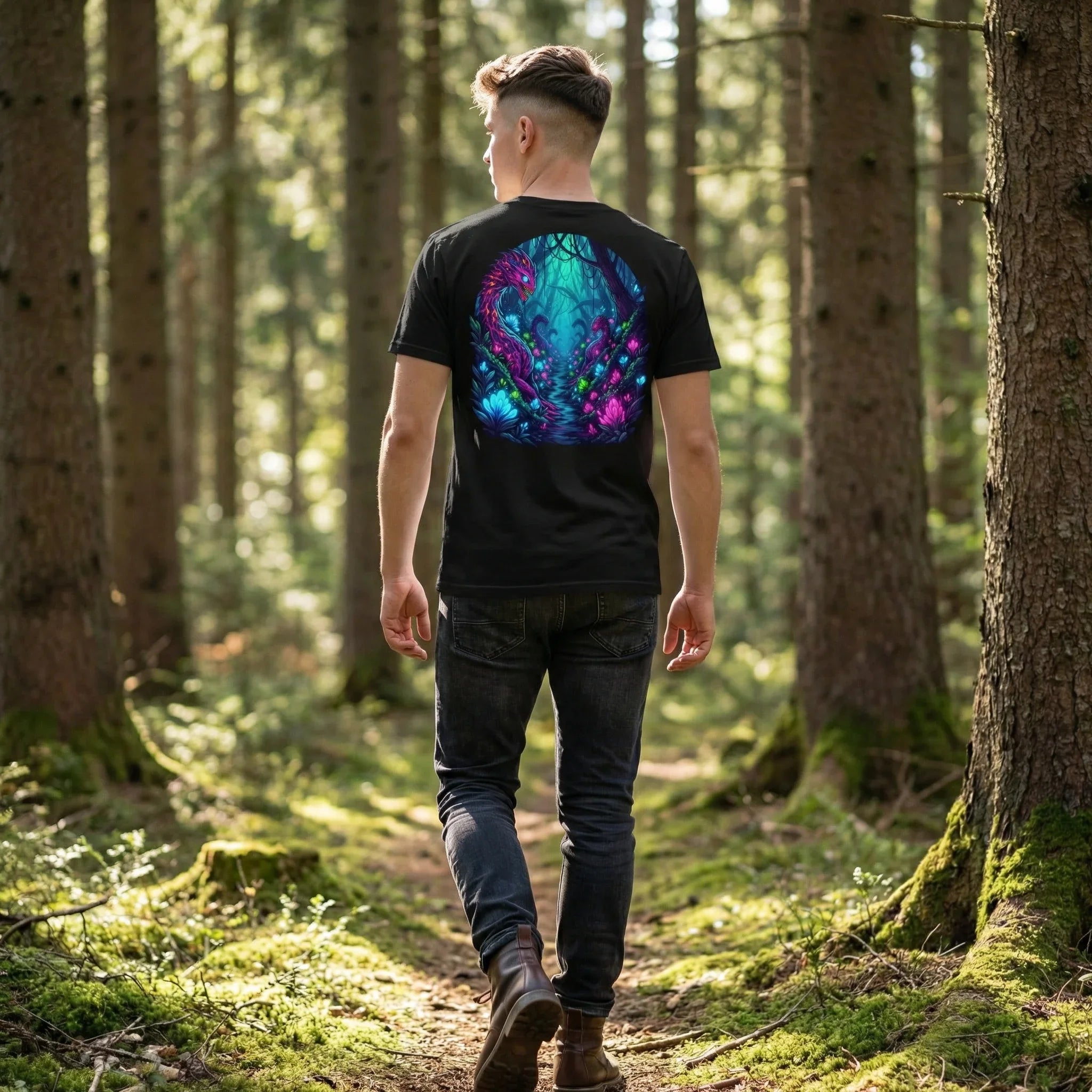 Man in forest wearing black Mad Lad Designs t-shirt with colorful psychedelic neon art