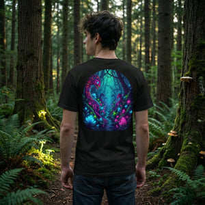 Man in forest wearing black t-shirt with vibrant psychedelic dragon and neon nature art