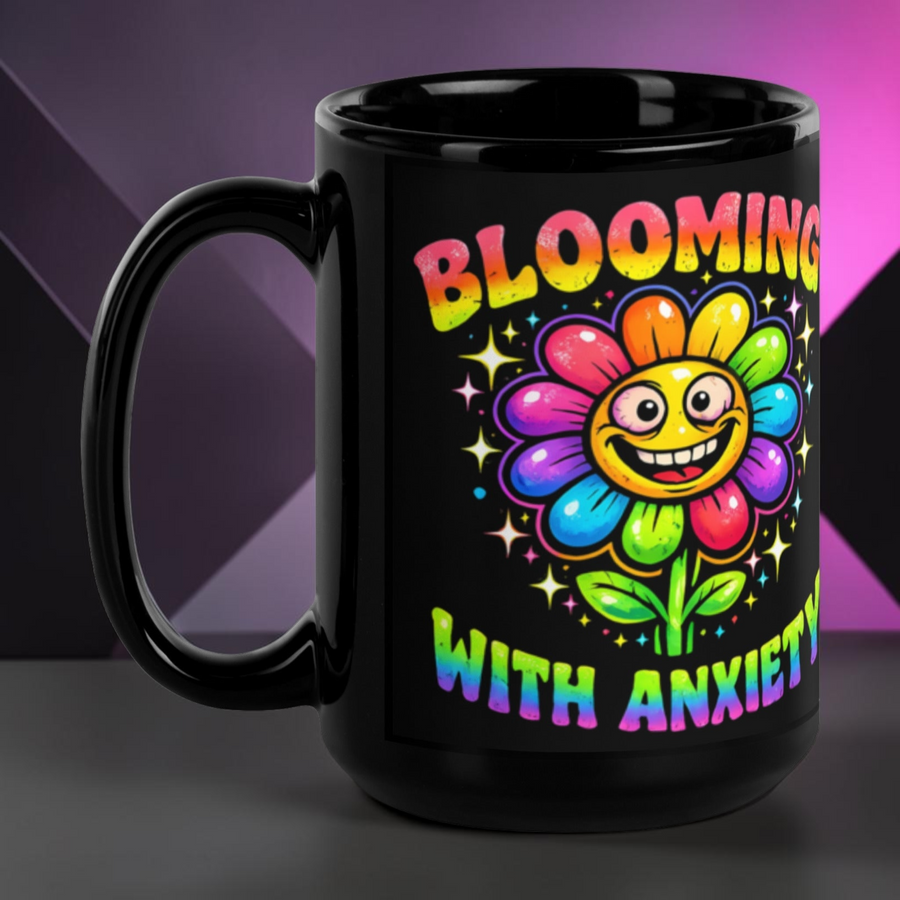 Anxiety Flower black glossy coffee mug by Mad Lad Designs