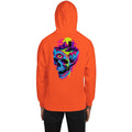 Mad Lad Designs orange unisex hoodie with a surreal melting skull graphic featuring mountains, an eye, and a doorway.