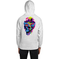 Mad Lad Designs light grey unisex hoodie with a surreal melting skull graphic featuring an eye, mountains, and a door.