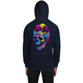 Mad Lad Designs navy blue unisex hoodie with a surreal melting skull graphic featuring a landscape and an eye.