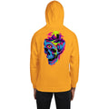 Mad Lad Designs yellow unisex hoodie with a surreal melting skull graphic featuring mountains, an eye, and a door.