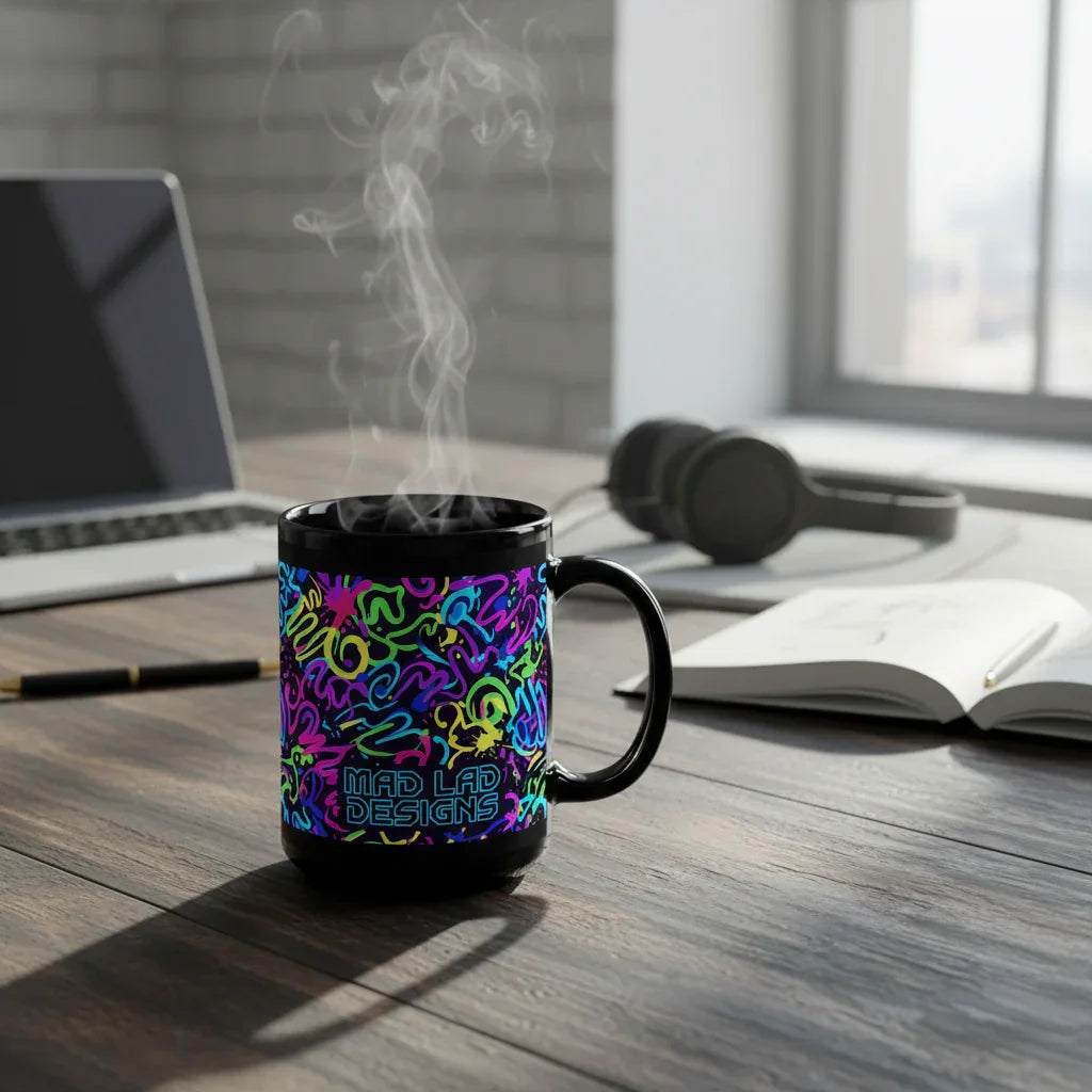 Colorful graffiti-style ceramic mug with neon patterns on desk in modern office setting