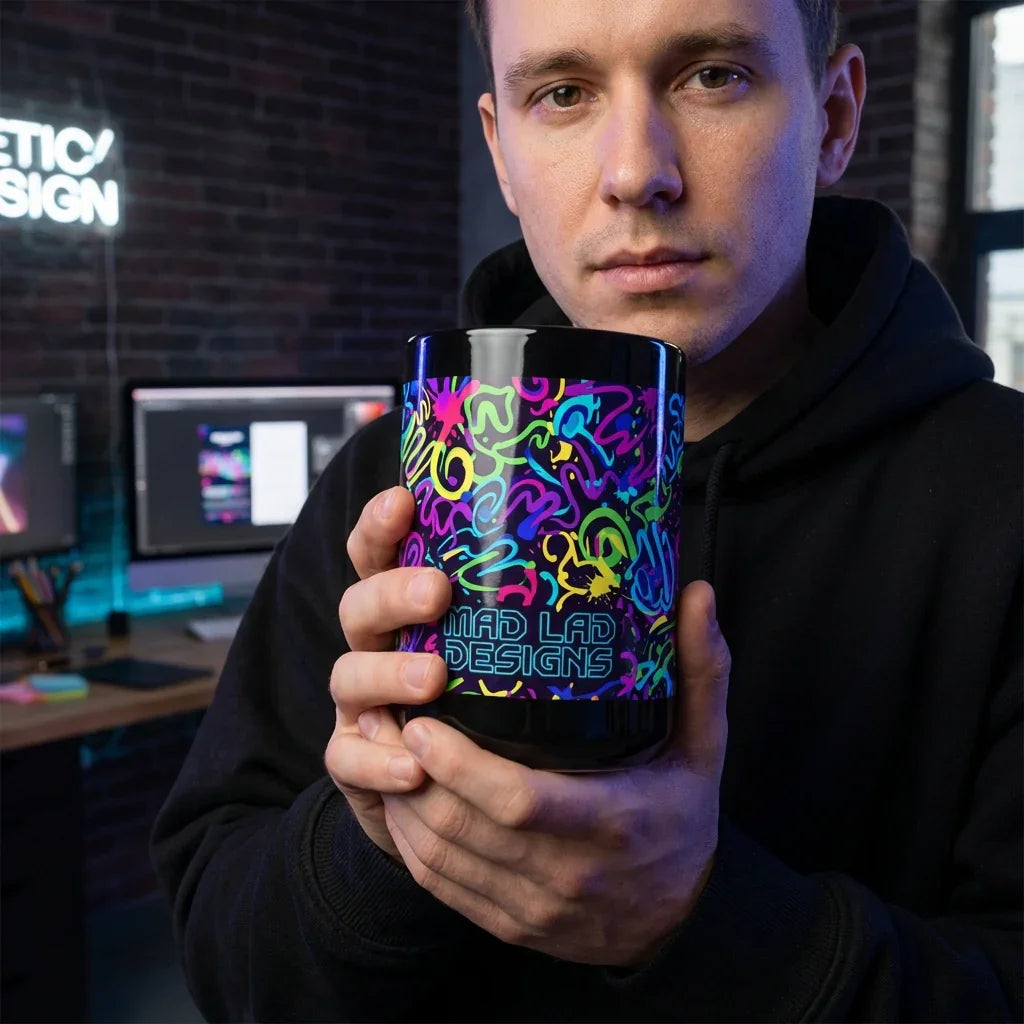 Man holding a colorful neon graffiti mug with bold abstract design in a modern workspace
