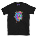 Black unisex t-shirt featuring a vibrant neon psychedelic hedgehog graphic by Mad Lad Designs