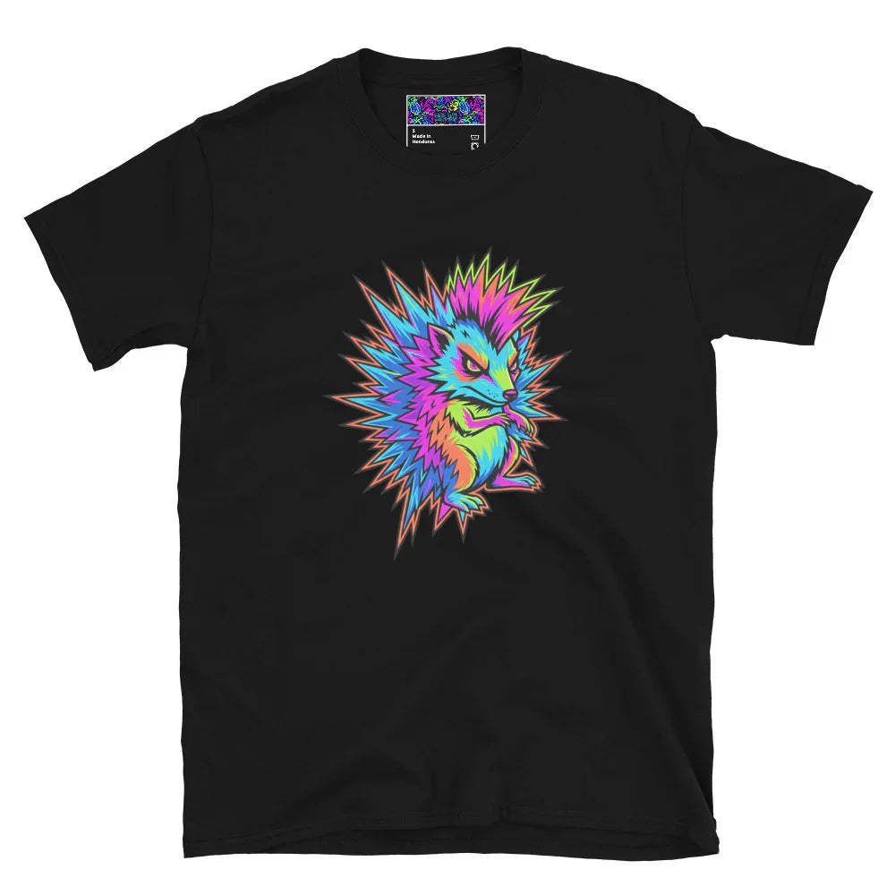 Black unisex t-shirt featuring a vibrant neon psychedelic hedgehog graphic by Mad Lad Designs