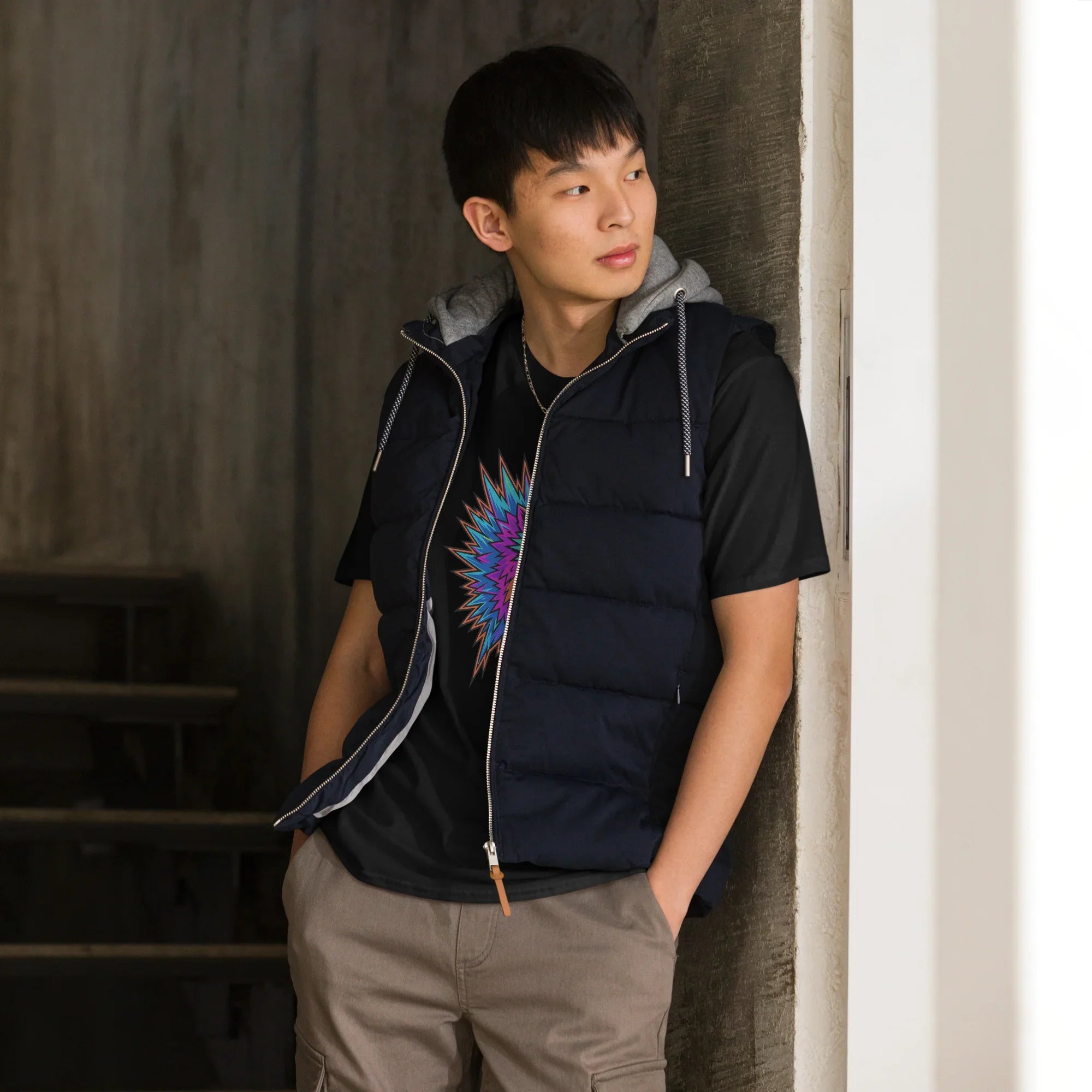 Man leaning against wall wearing a black unisex psychedelic t-shirt with neon art design