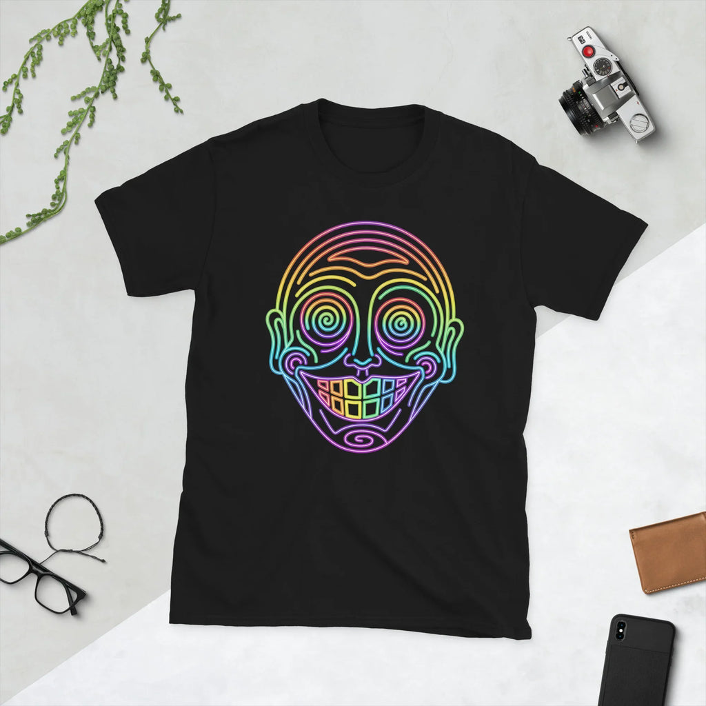Black unisex t-shirt with neon psychedelic skull face design, bright streetwear flat lay