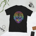 Black unisex t-shirt with neon psychedelic skull face design, bright streetwear flat lay