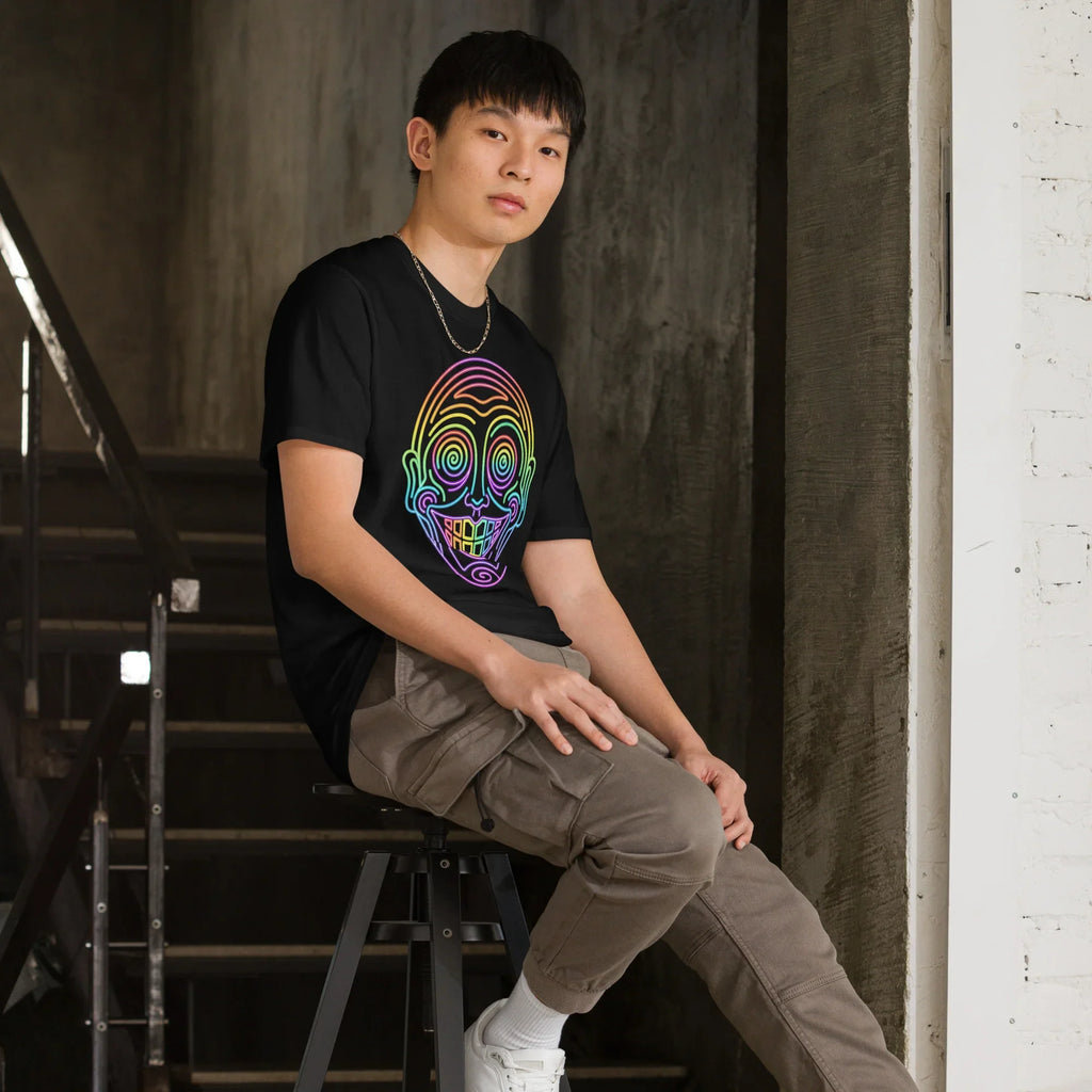 Man wearing a black t-shirt with a neon psychedelic skull design by Mad Lad Designs, seated indoors.