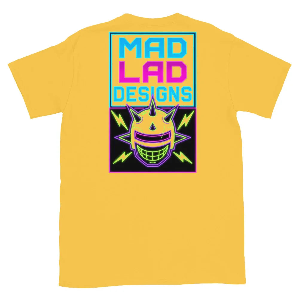 Yellow unisex t-shirt with vibrant Mad Lad Designs neon psychedelic graphic on back