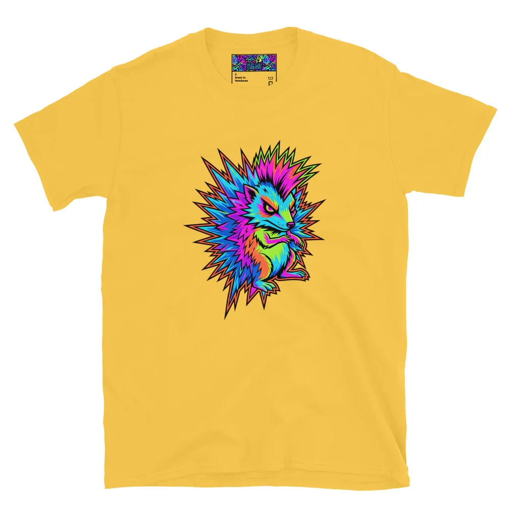 Yellow unisex t-shirt with vibrant psychedelic neon hedgehog art, Mad Lad Designs streetwear