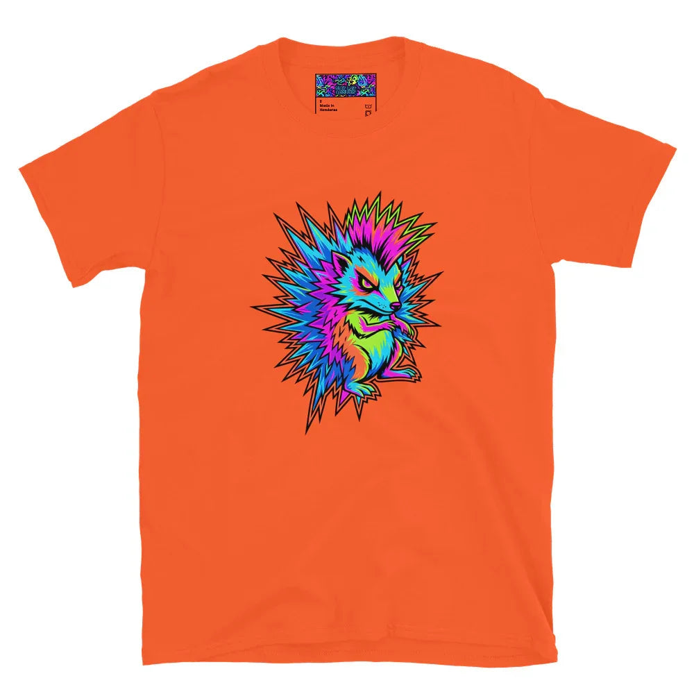 Bright orange unisex t-shirt with a psychedelic neon hedgehog graphic by Mad Lad Designs