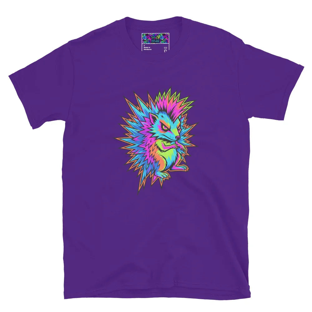 Purple unisex t-shirt with vibrant psychedelic neon hedgehog graphic, Mad Lad Designs streetwear