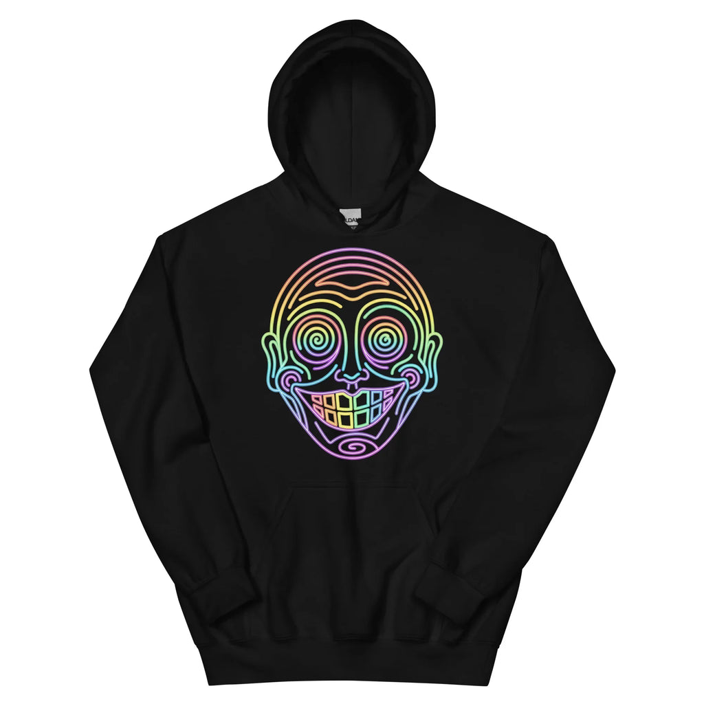 Black hoodie with vibrant neon psychedelic face design by Mad Lad Designs