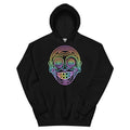 Black hoodie with vibrant neon psychedelic face design by Mad Lad Designs