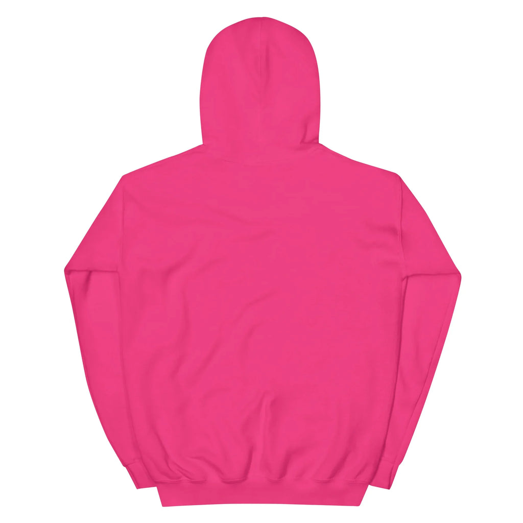 Unisex vibrant neon pink hoodie, back view, Mad Lad Designs psychedelic streetwear