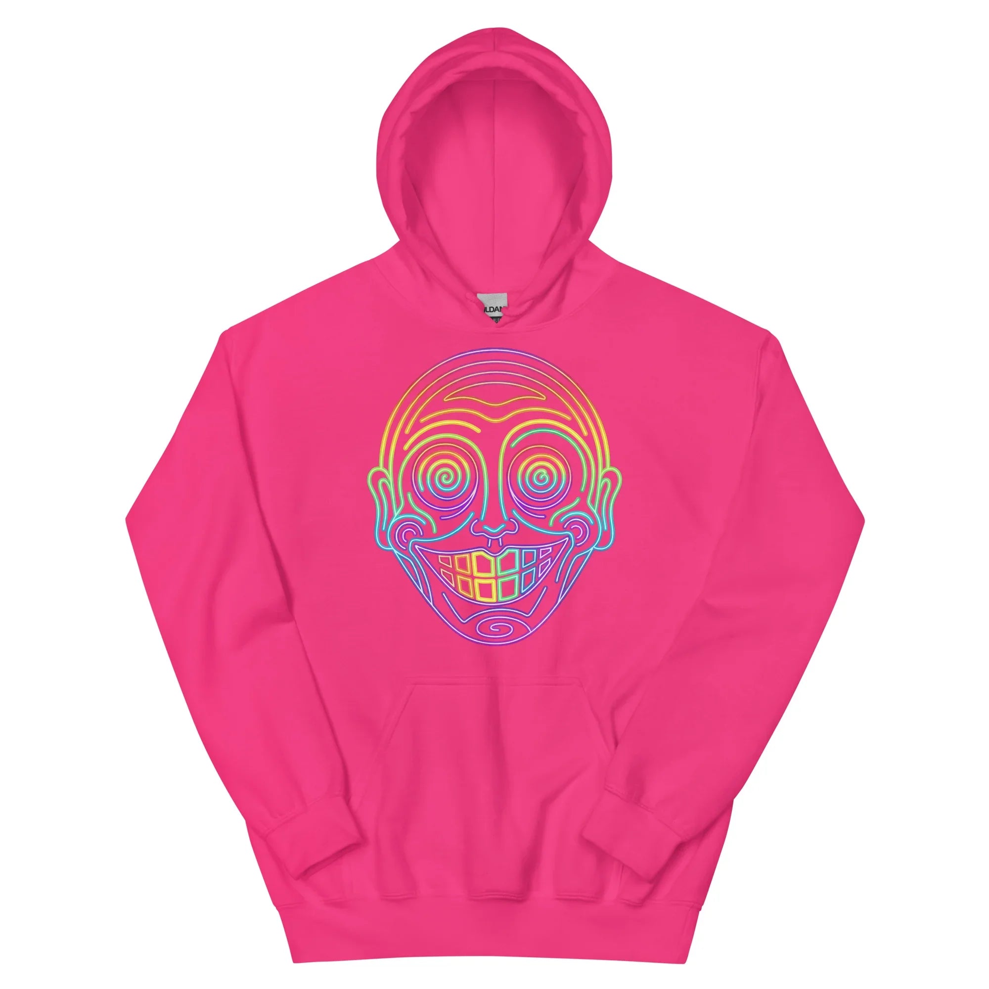 Bright pink hoodie with psychedelic neon smiling face artwork by Mad Lad Designs