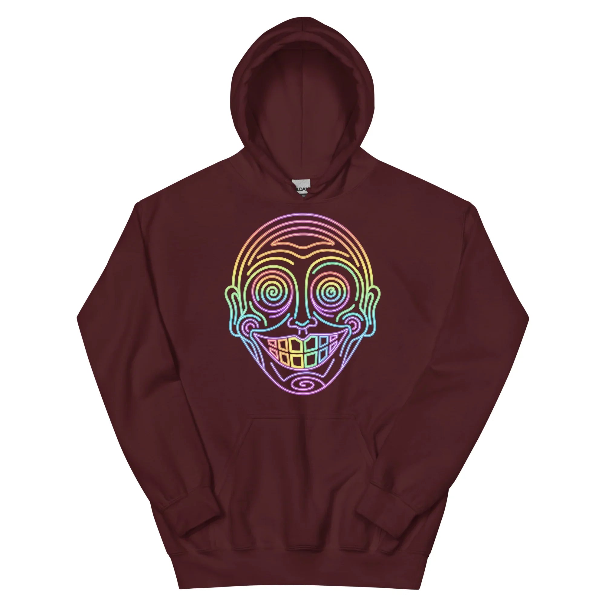Maroon hoodie with vibrant neon psychedelic face design, Mad Lad Designs streetwear