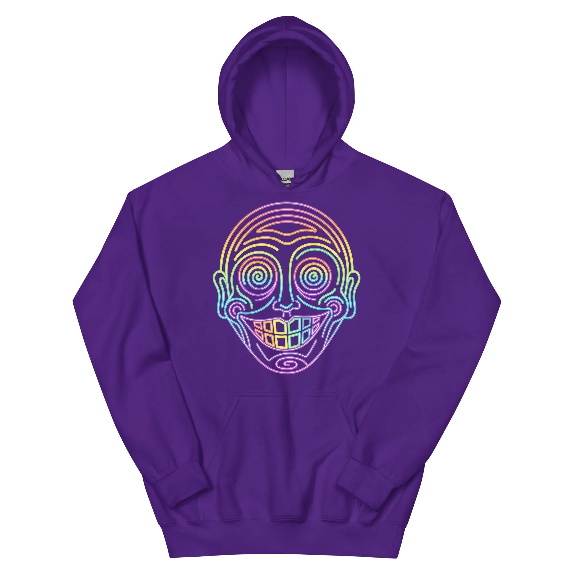 Purple unisex hoodie with neon psychedelic smiling face design by Mad Lad Designs