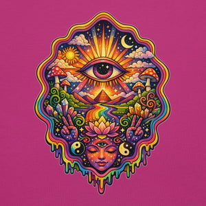 Colorful psychedelic art on berry t-shirt featuring third eye, lotus, mushrooms, crystals, sun, moon, pyramid, and peace signs