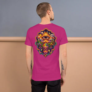 Man wearing berry-colored unisex T-shirt with vibrant psychedelic back design featuring a third eye, sun, moon, mountains, and lotus