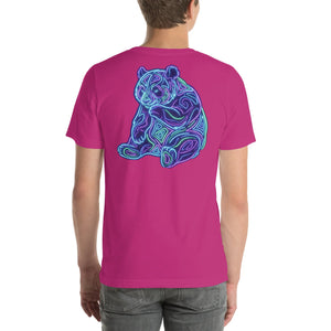Back view of person wearing berry pink unisex t-shirt with neon-style abstract bear design