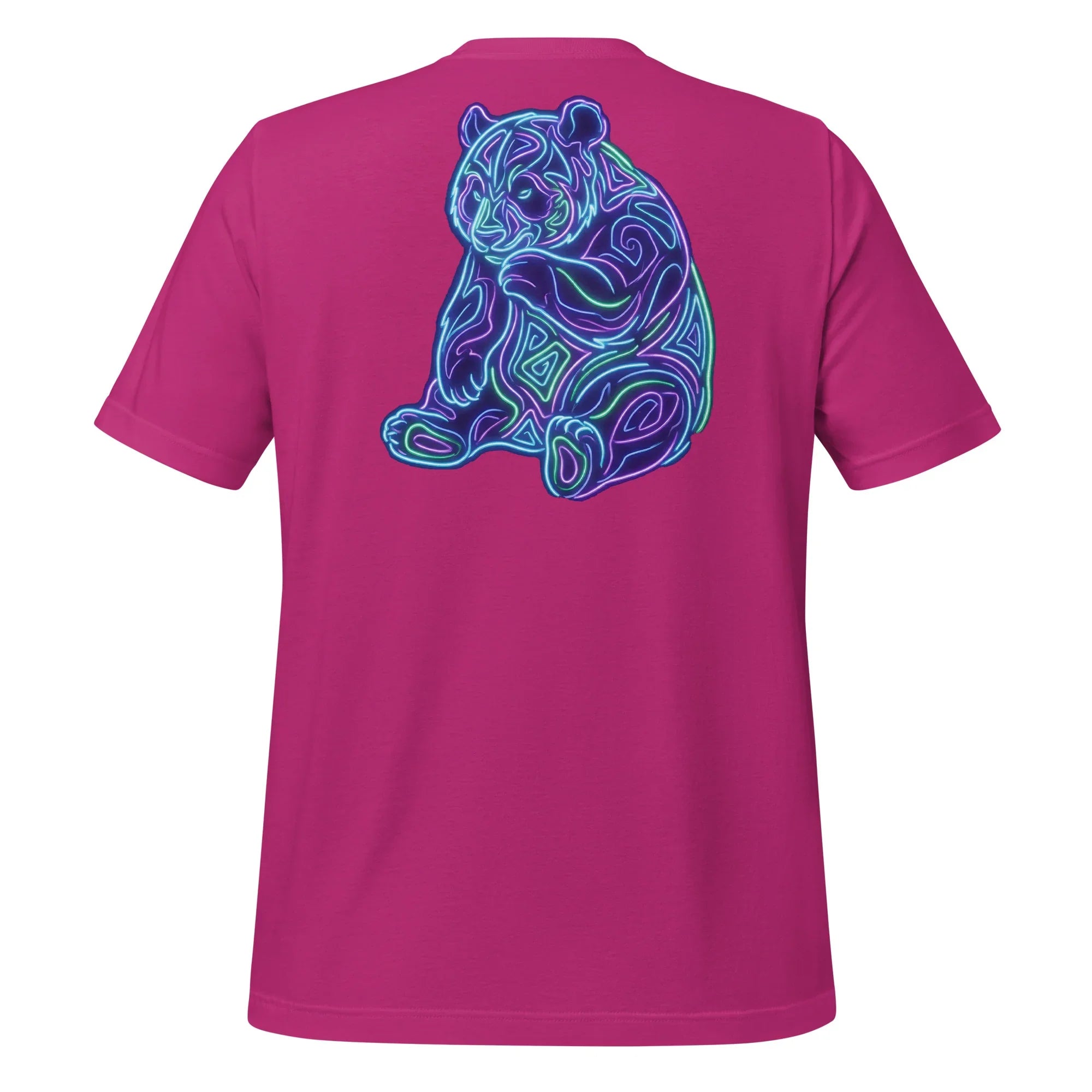 Berry-colored unisex t-shirt with neon-style psychedelic panda bear graphic on the back