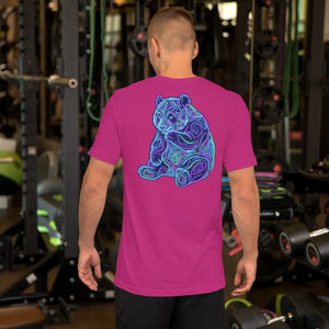 Man in gym wearing berry unisex t-shirt with neon psychedelic bear design on back