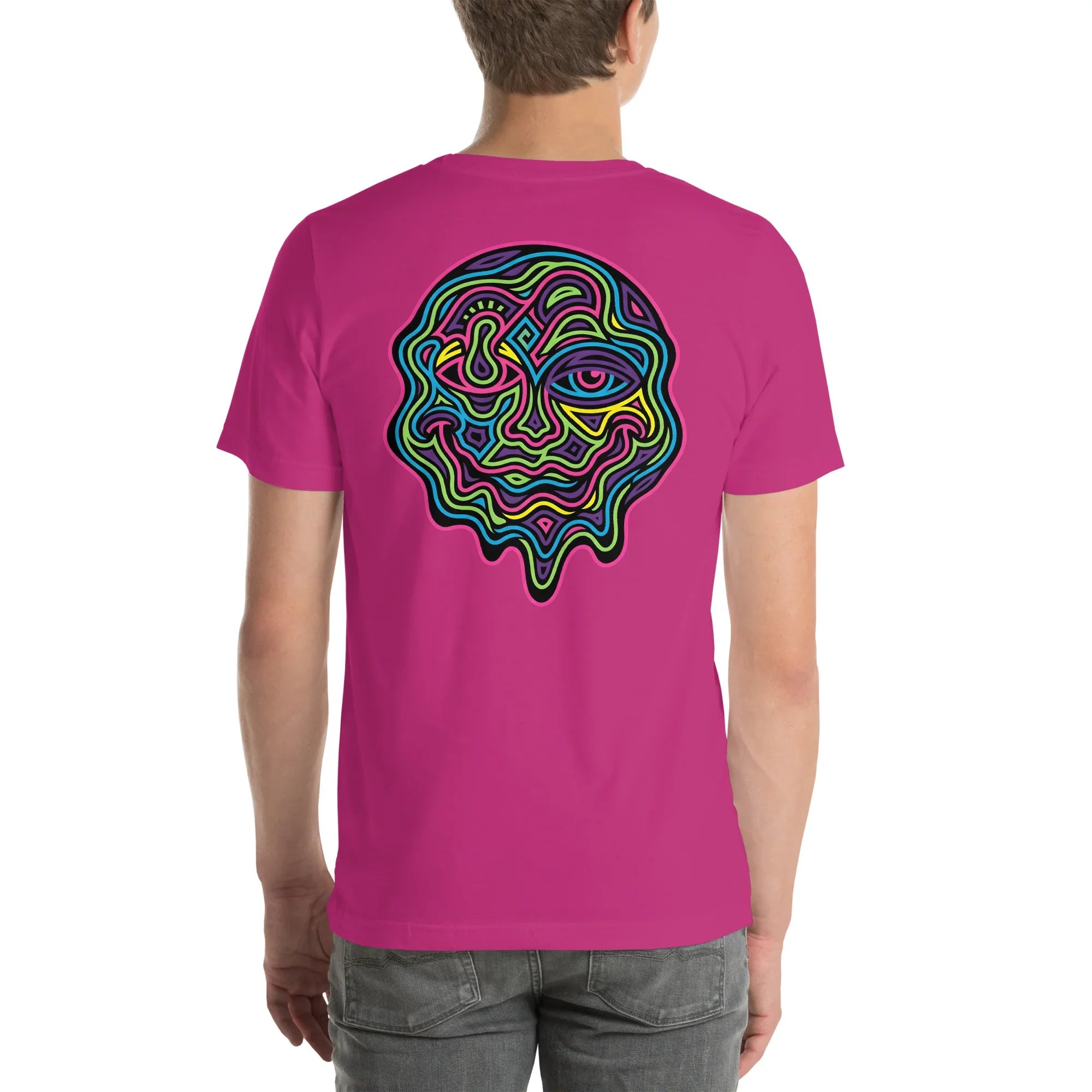 Back view of person wearing berry pink unisex T-shirt with vibrant neon psychedelic melting smiley face design