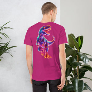 Man wearing berry unisex t-shirt with neon colorful dinosaur graphic on back, standing indoors